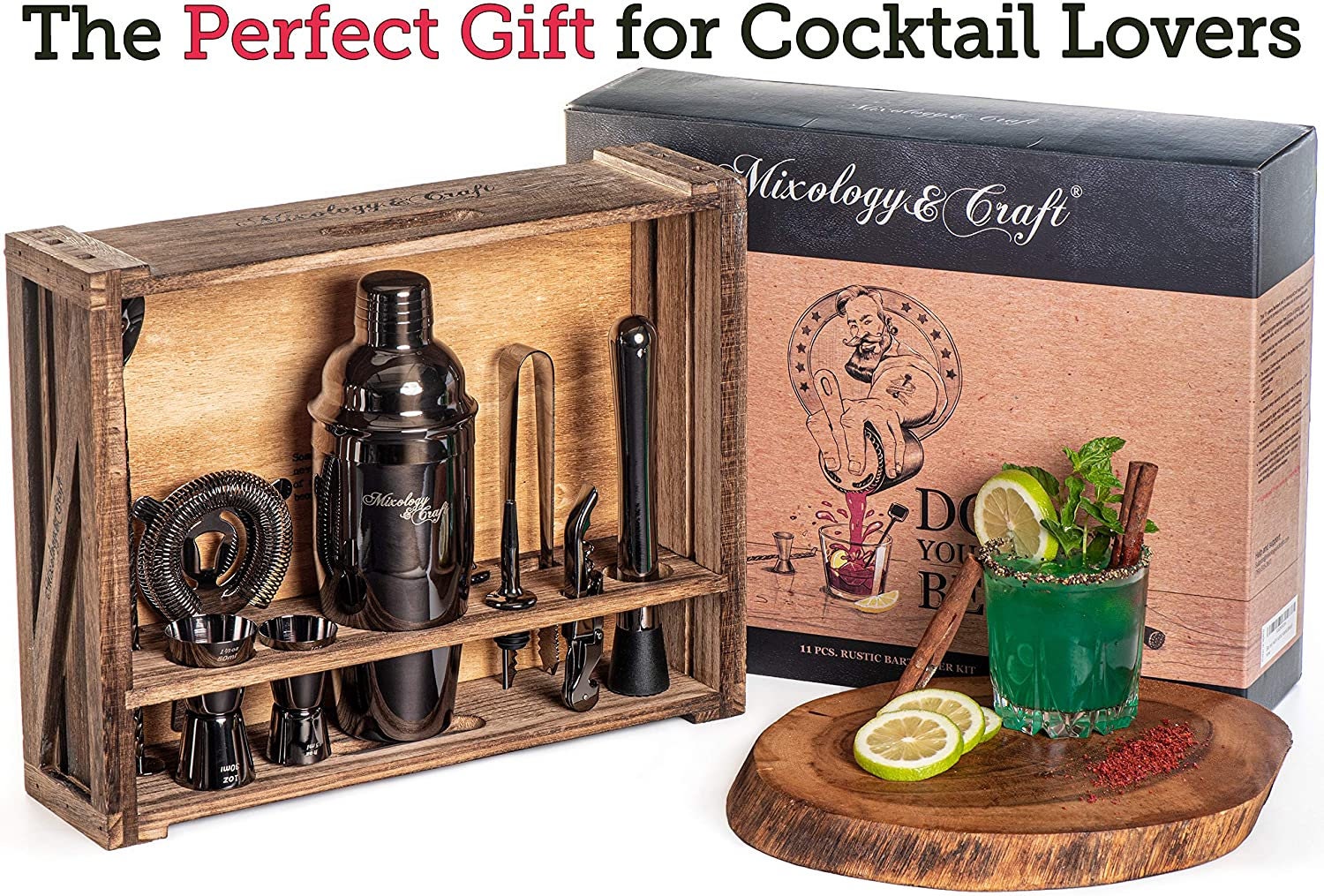 Bartender Kit 11-Piece Bar Tool Set with Rustic Wood Stand | Etsy