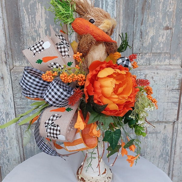 Easter bunny candlestick arrangement, Easter tabletop centerpiece, spring floral table decor, sisal bunny with carrot, black and white check