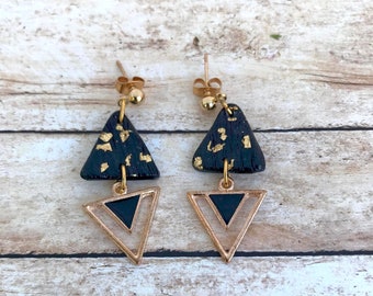 Black Triangle Polymer Dangle Earring | Handmade Clay Earring | Nickel Free Earring | Lightweight Earring | Gift for Her