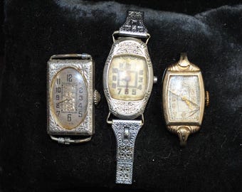 For Repair! Lot of 3 Vintage Art Deco Women's Watches 1930's Elgin "Helen", Ollendorf "Lucille", Paul Vallette