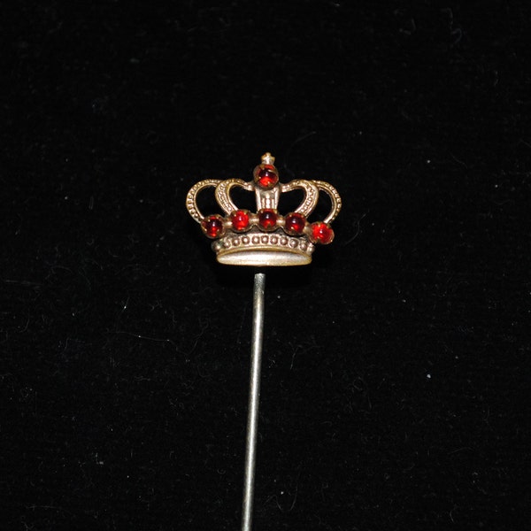 Antique Crown Stick / Lapel / Cravat Pin with Ruby Red Glass Cabochons