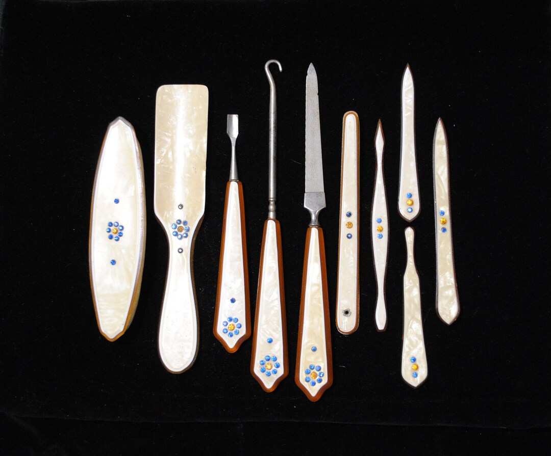 Set of 10 Vintage Art Deco Celluloid Vanity / Nail Care Set With Rhinestones Etsy