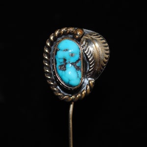 Vintage/Antique Unmarked Sterling Silver Feather Stick Pin with Turquoise Stone