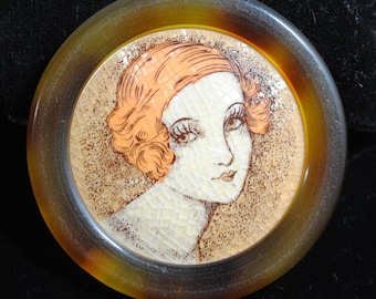 LEA STEIN 1960s Oval Serigraphy BROOCH ~ 1920s Flapper Woman