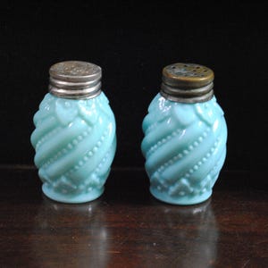 Antique EAPG Blue Glass Dithridge Beaded & Swirl Shakers Opaque and Opaline