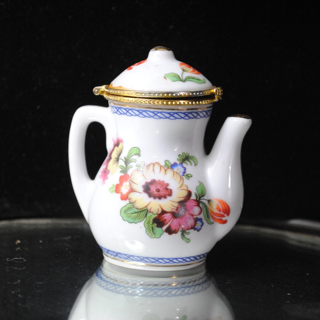 Vintage Miniature Porcelain Tea Pot Trinket Box With Flower Etsy