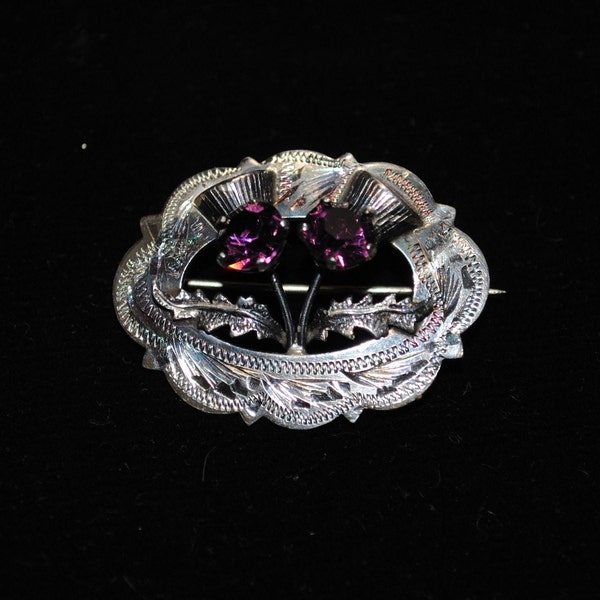 Vintage Ward Brothers Sterling Silver Scottish Double Thistle Brooch with Amethyst Rhinestones