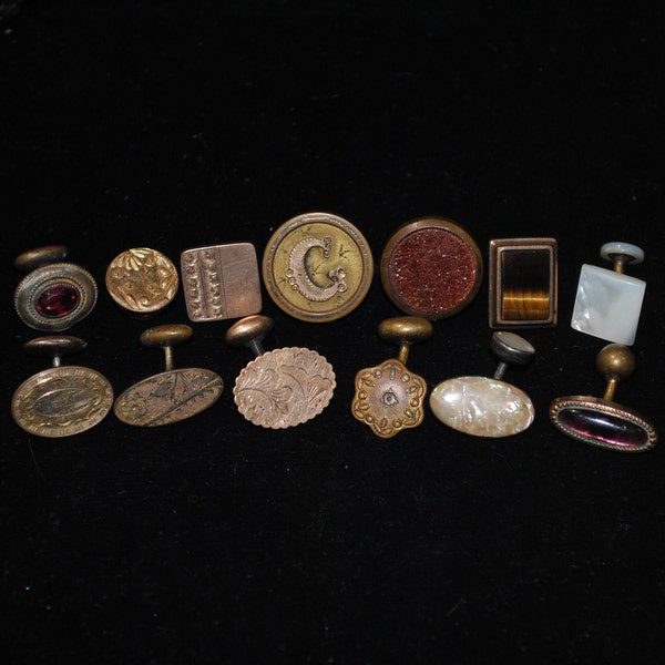 Lot of 13 Antique Victorian Single Cufflinks for Repair / Repurpose — Goldstone, Tiger's Eye, Engraved, Gold-fille, Sterling