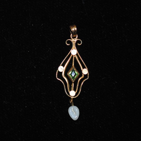 Antique Art Nouveau Lavalier Pendant with Green Glass Stone & Milk Glass Bead