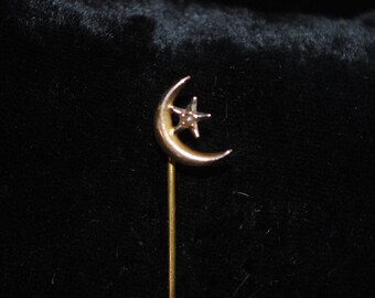 Antique 10k Gold Crescent Moon and Star Stick Pin with Seed Pearl
