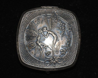 Antique 1920s Djer Kiss Kerkoff Silverplated Compact with Art Nouveau Nymph Design