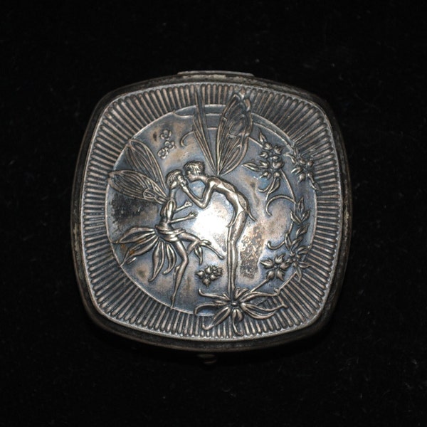 Antique 1920s Djer Kiss Kerkoff Silverplated Compact with Art Nouveau Nymph Design