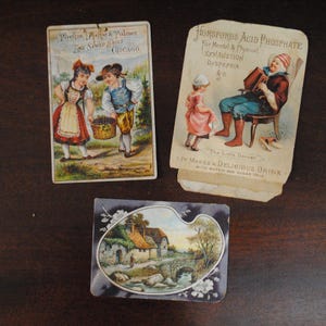 Lot de 4 cartes à collectionner publicitaires anciennes Phelp's, Dodge et Palmer, Lion Coffee, phosphate acide de Horsford, cireur de chaussures Dixon