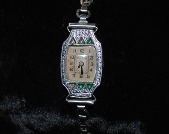 Vintage Women's Bulova Miss Liberty Art Deco Watch with Simulated Emeralds — NOT Working! For Repair / Restoration