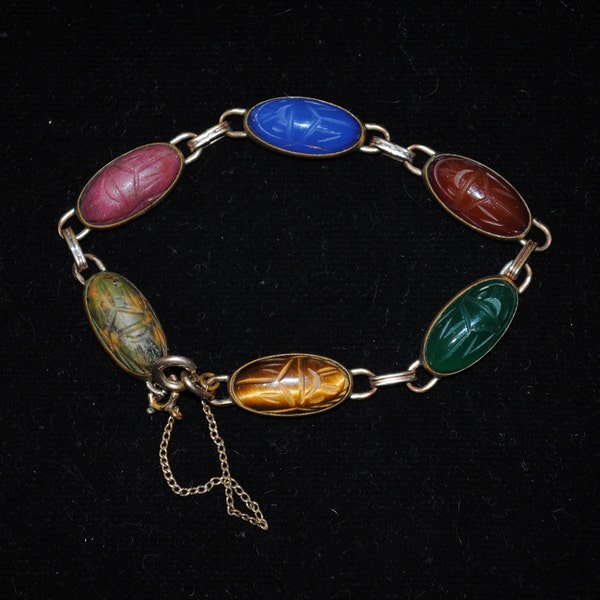 Vintage W.R.F. 12k Gold-filled Carved Semi-Precious Gemstone Scarab Bracelet