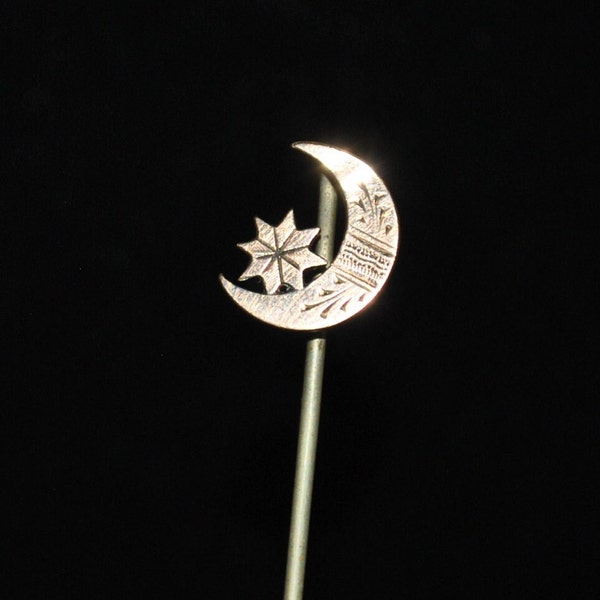 Antique Engraved Brass Star & Crescent Moon P.S. Co. (Plainville Stock Co.) Stick Pin