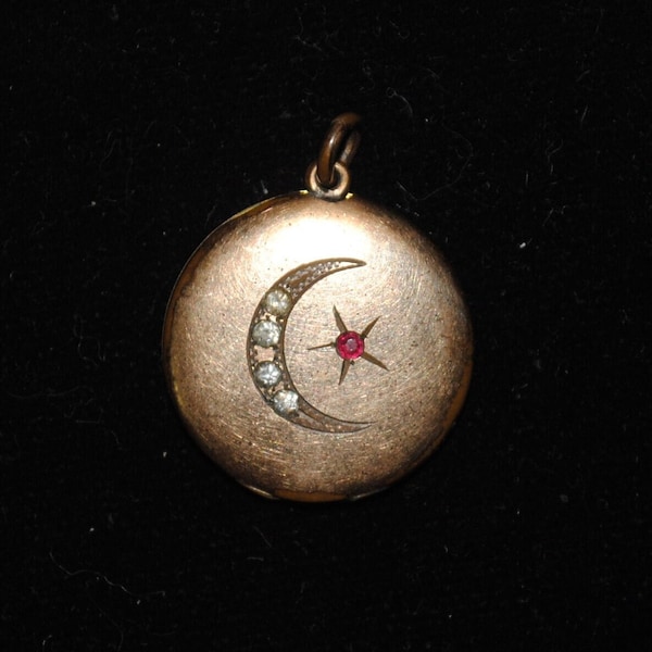 Antique Gold-filled Crescent Moon & Star Locket with Paste Stones / Faux Garnet