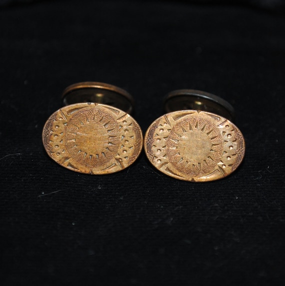 Antique Engraved "Sun" Oval Cufflinks with Swivel 