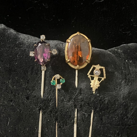 Buyer Picks! Antique Stick Pins — Amethyst Glass, Tiny Green & White Paste Glass, Orange Glass, and Shield