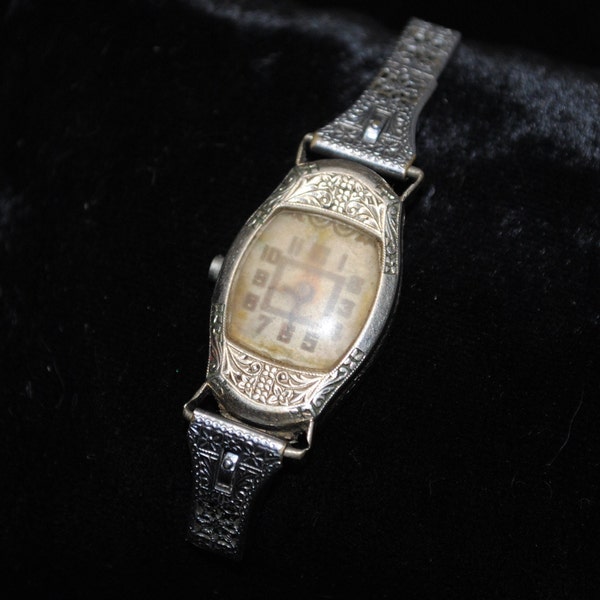 Vintage 14k Gold-filled Ollendorff "Lucille" Art Deco Women's 15 Jewel Watch Face with Engraved Bezel & Chain Part — NOT Working!