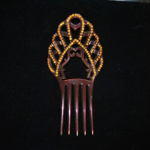 Antique Light Red Celluloid & Amber Rhinestone Hair Comb