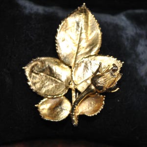 May include: A gold-toned metal brooch in the shape of a rose and leaves. The brooch features a detailed rose bud and three leaves. The leaves have textured veins. The brooch is set against a dark background.
