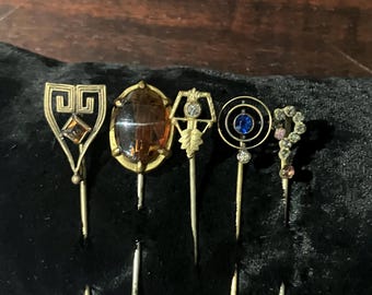 Buyer Picks! Antique Stick Pins — Orange Glass, Brass and Pink Glass, Art Deco Shield / Heart, Question Mark