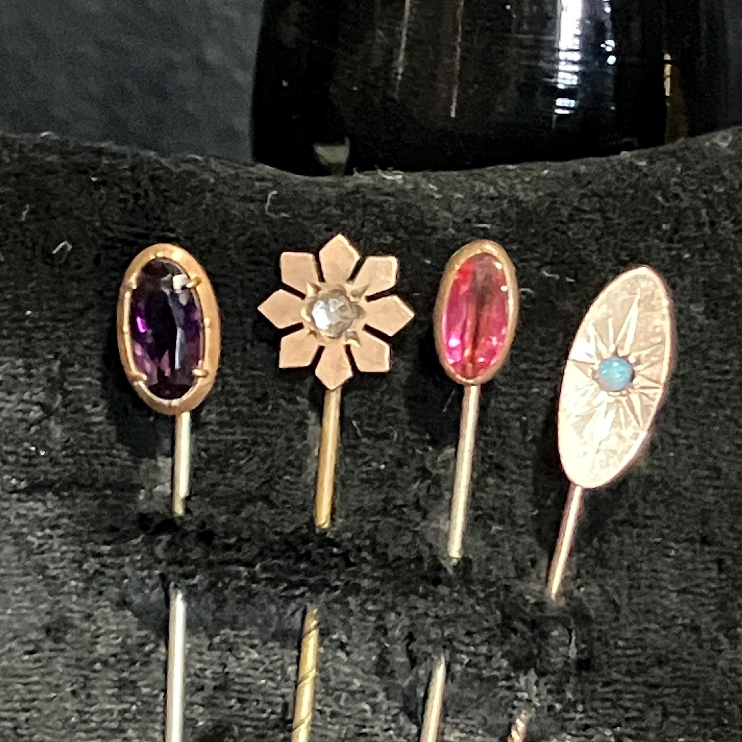 Buyer Picks! Antique Stick Pins Amethyst Glass, Brass Flower, Pink Glass, Gold-filled Foil Opal