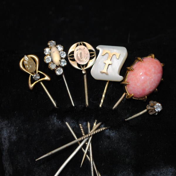 Buyer Picks! Antique Stick / Hat / Scarf Pins — Mottled Czech Glass, Art Nouveau, "C" "T" Initial, Paste Stone, Camphor Glass