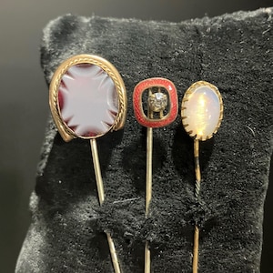 Buyer Picks! Antique Victorian & Edwardian Stick Pins - Cut Bohemian Ruby Glass, Red Guilloche Enamel, Moonstone Glass Cabochon