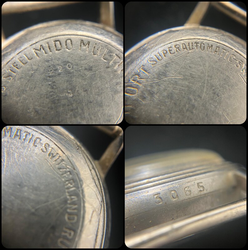 Pu&ograve; includere: Primo piano di un orologio vintage argentato. Il quadrante dell'orologio mostra il testo "STEEL MIDO MULTI" e "SPORT SUPERAUTOMATIC". L'orologio ha anche il numero "3065" inciso sul lato.