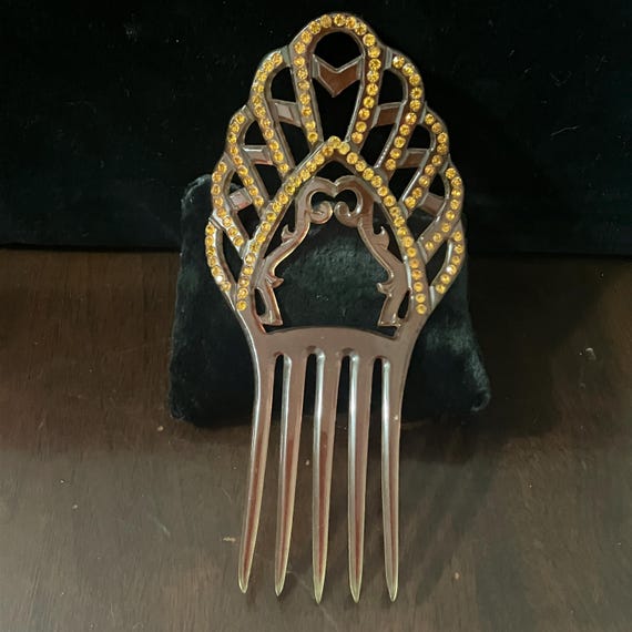 Antique Light Red Celluloid & Amber Rhinestone Hair Comb - Etsy display picture 2