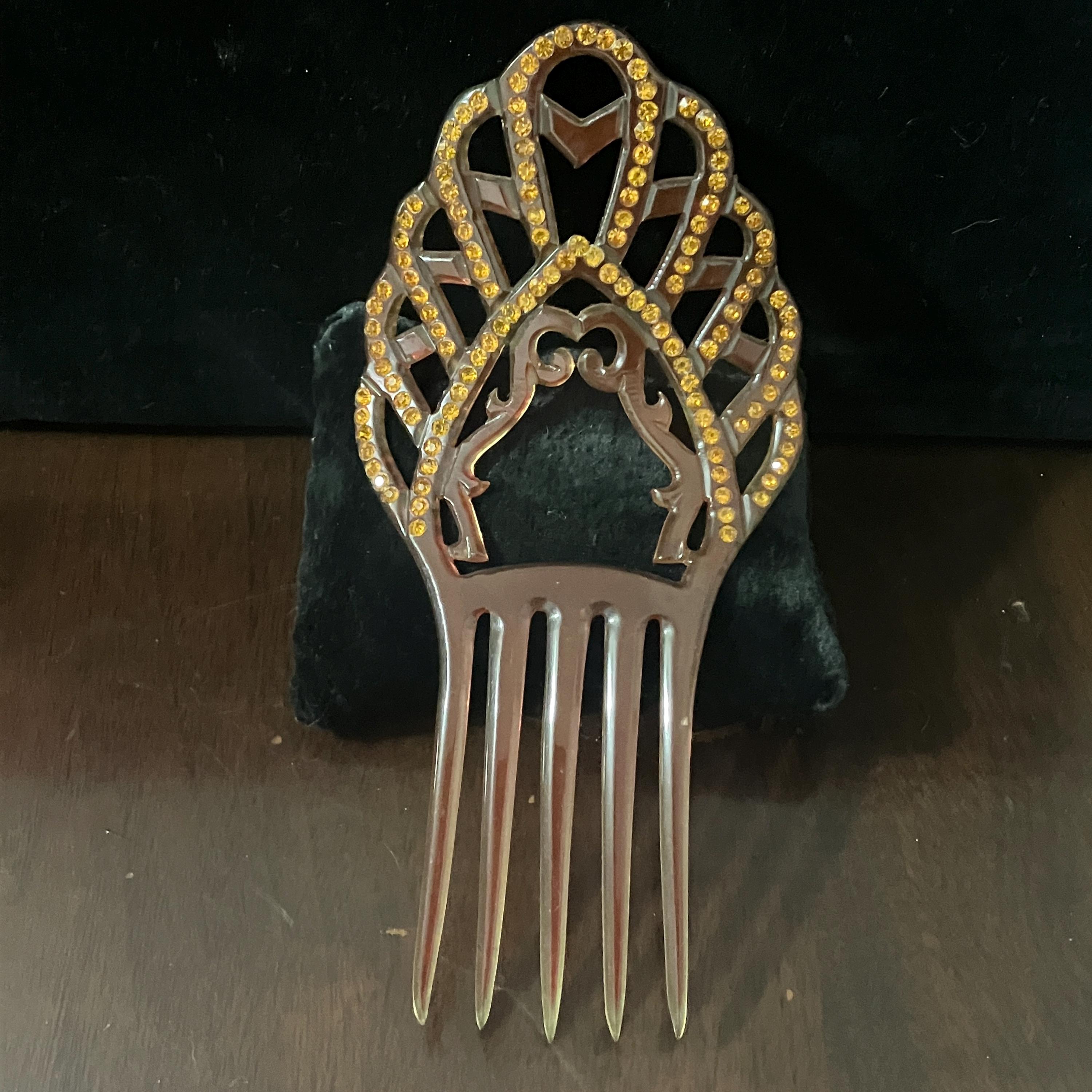 Antique Light Red Celluloid & Amber Rhinestone Hair Comb - Etsy display picture 3