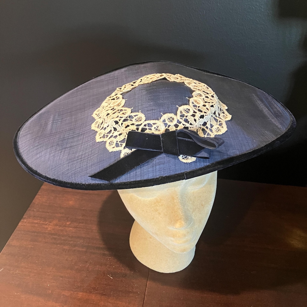 Vintage Navy Blue Handmade Asymmetric Fascinator Hat With  display picture 1