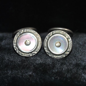 Antique Art Deco Mother of Pearl Shell Cufflinks with Engraved Border