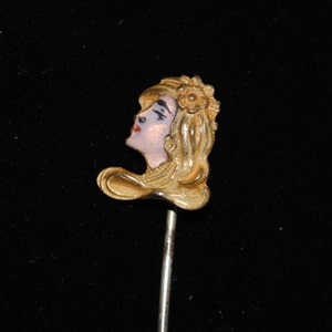 Antique Art Nouveau Enamel Side-profile of a Woman Stick Pin