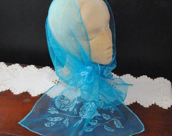 Vintage Blue Chiffon Scarf with Silver Roses 1960s-70s