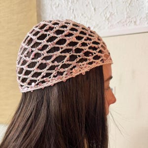 Blush Pink Sequin Crochet Skull Cap | Handmade Mesh Beanie | Rose Gold Sparkle Hair Covering | Festival Hat | Boho Headpiece