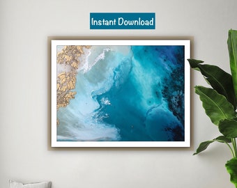Teal and Gold Abstract Ocean Art Print: Coastal Wall Decor (Digital Download)
