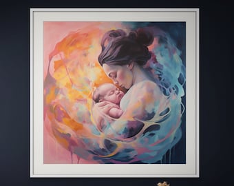 Lámina artística de madre y bebé: Obra de arte abstracta sobre el parto (Descarga digital)