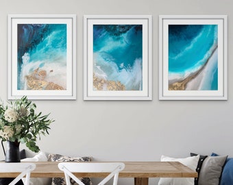 Teal Abstract Ocean Print Set: Coastal Gallery Wall Art