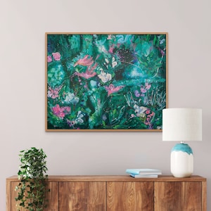 Abstract Floral Art Print: Forest Green & Pink Flower Painting