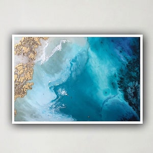 Framed Ocean Art, Teal And Gold Art, Abstract Ocean Art, Ocean Art, Turquoise Art, Ocean Print, Ocean Resin Art, Ocean Decor, Aerial Beach