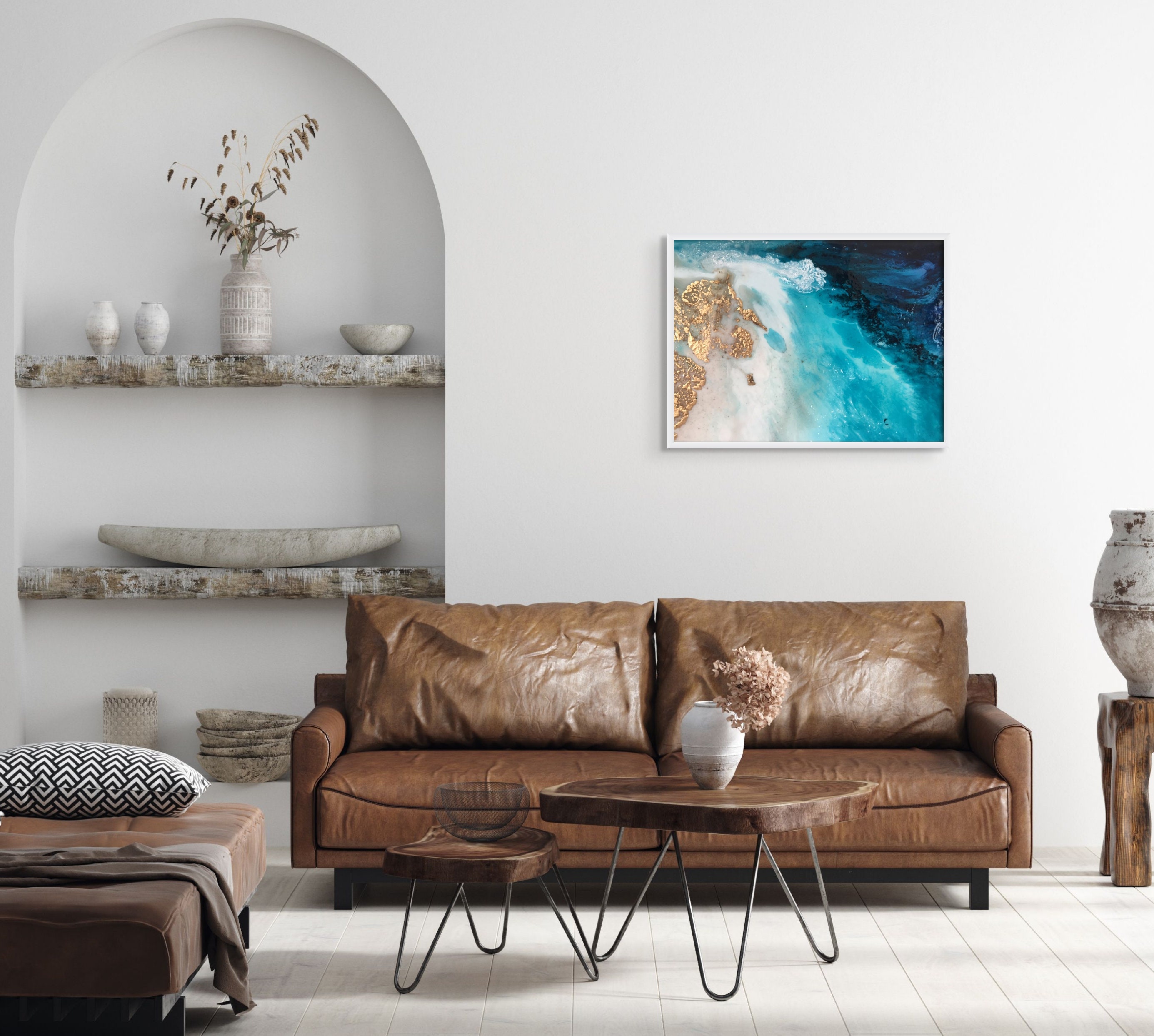 Framed Ocean Wall Art Teal and Gold Wall Art Framed Beach Etsy