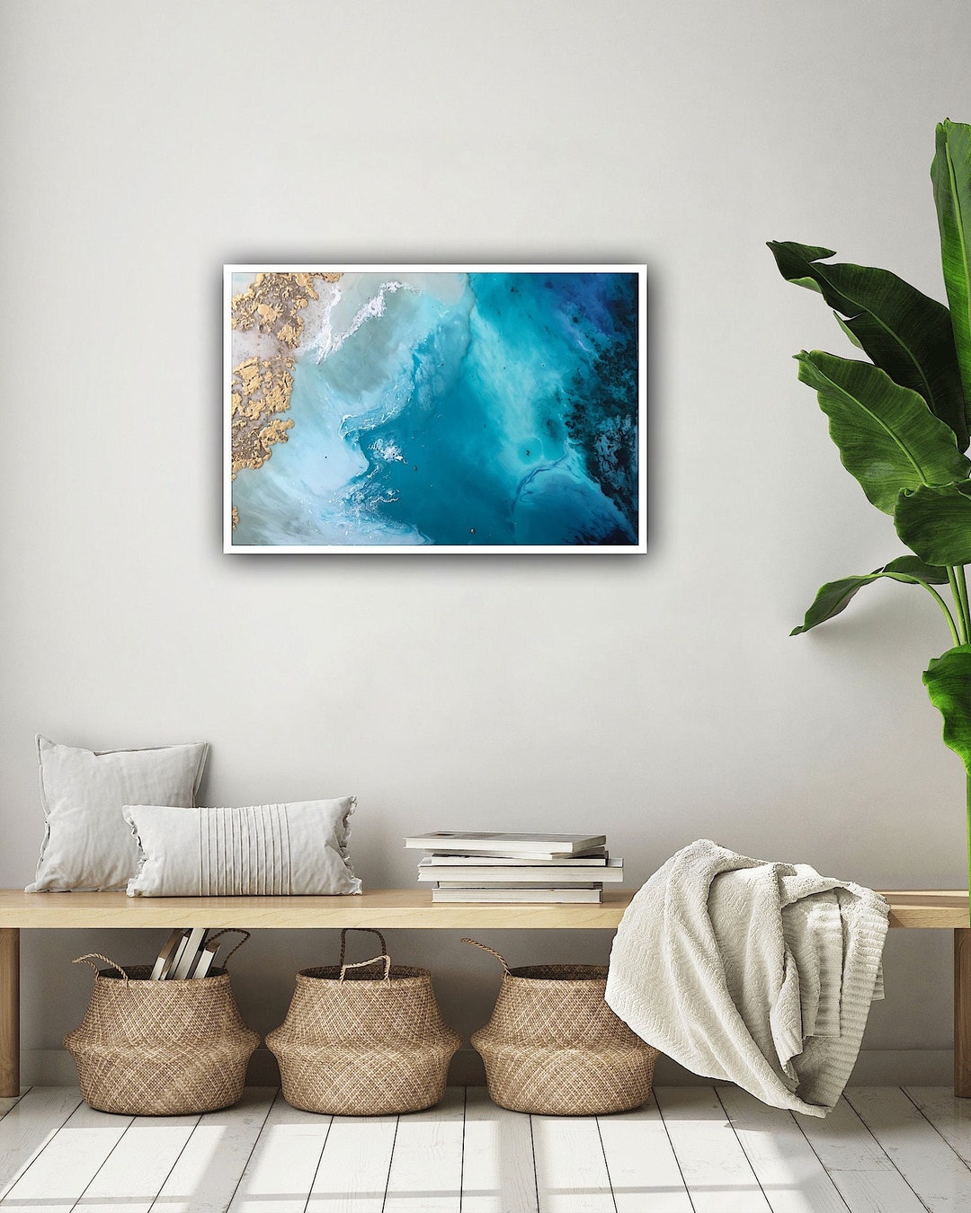 Framed Ocean Art, Teal and Gold Art, Abstract Ocean Art, Ocean Art