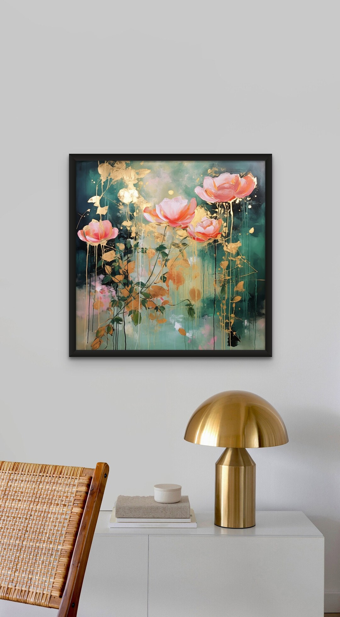 Abstract Wall Art in Frame, Modern Art Frame, Peach Art, Green Abstract