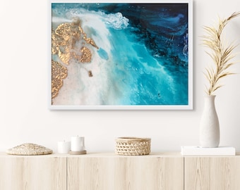 Abstract Ocean Print: Turquoise and Gold Coastal Wall Art