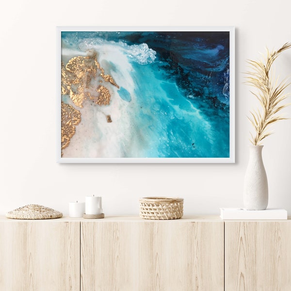 Abstract Ocean Print, Turquoise and Gold Art, Ocean Artwork, Teal Gold Wall Art, Ocean Home Decor, Beach House Warming Gift, Beachy Prints