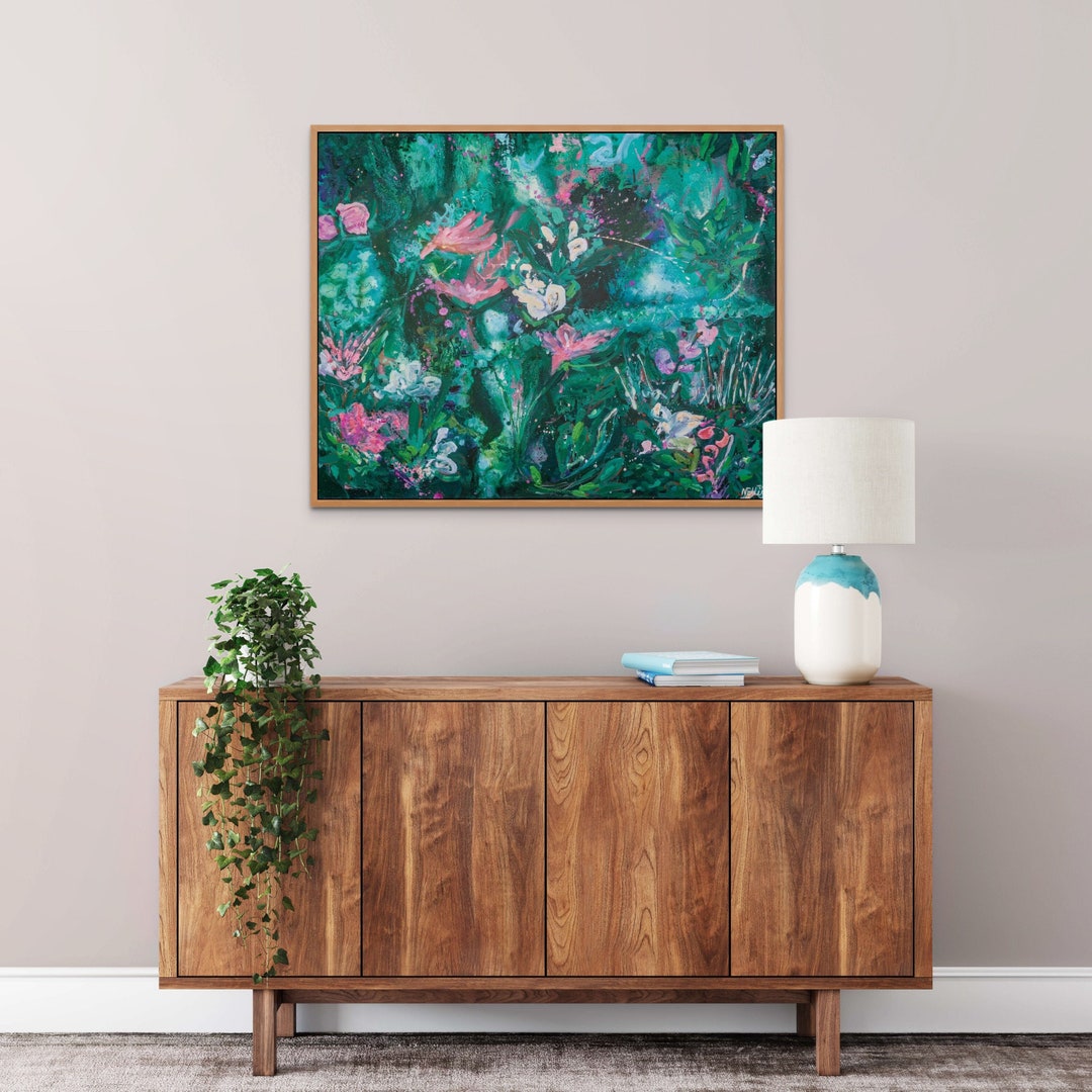 Forest Green and Pink Abstract Floral Wall Art Art Print is Framed or