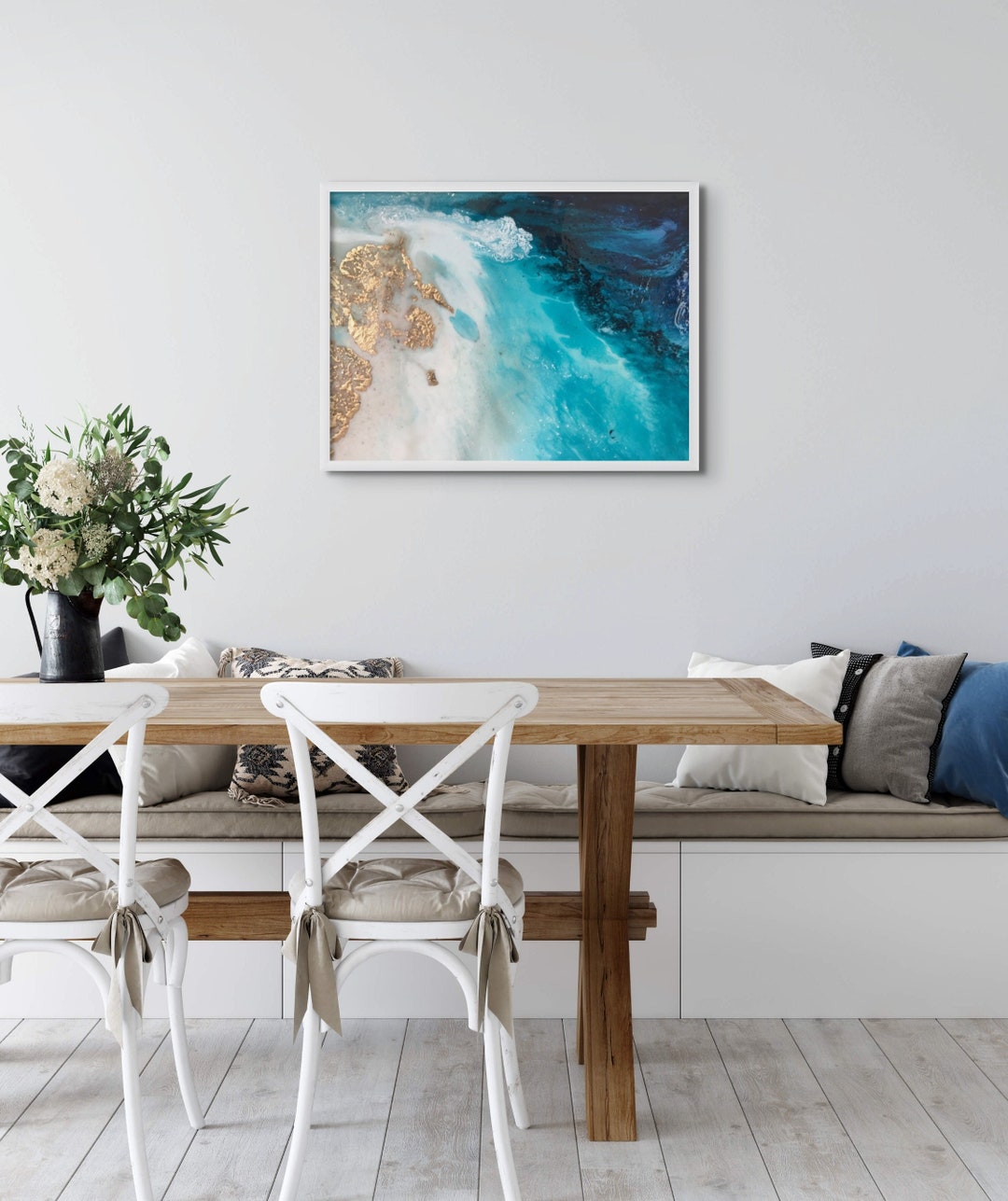 Framed Ocean Wall Art Teal and Gold Wall Art Framed Beach Etsy